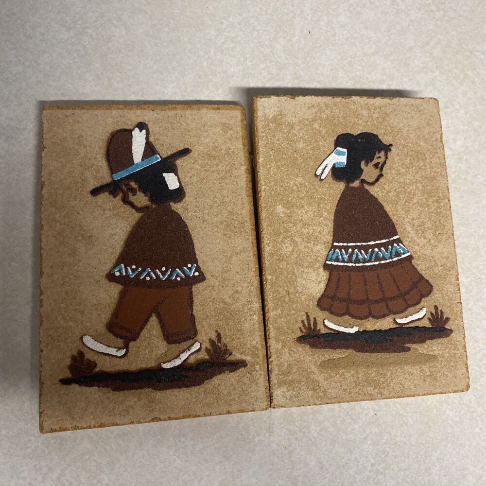 vintage Southwestern-style sand art panels Navajo Boy & Girl